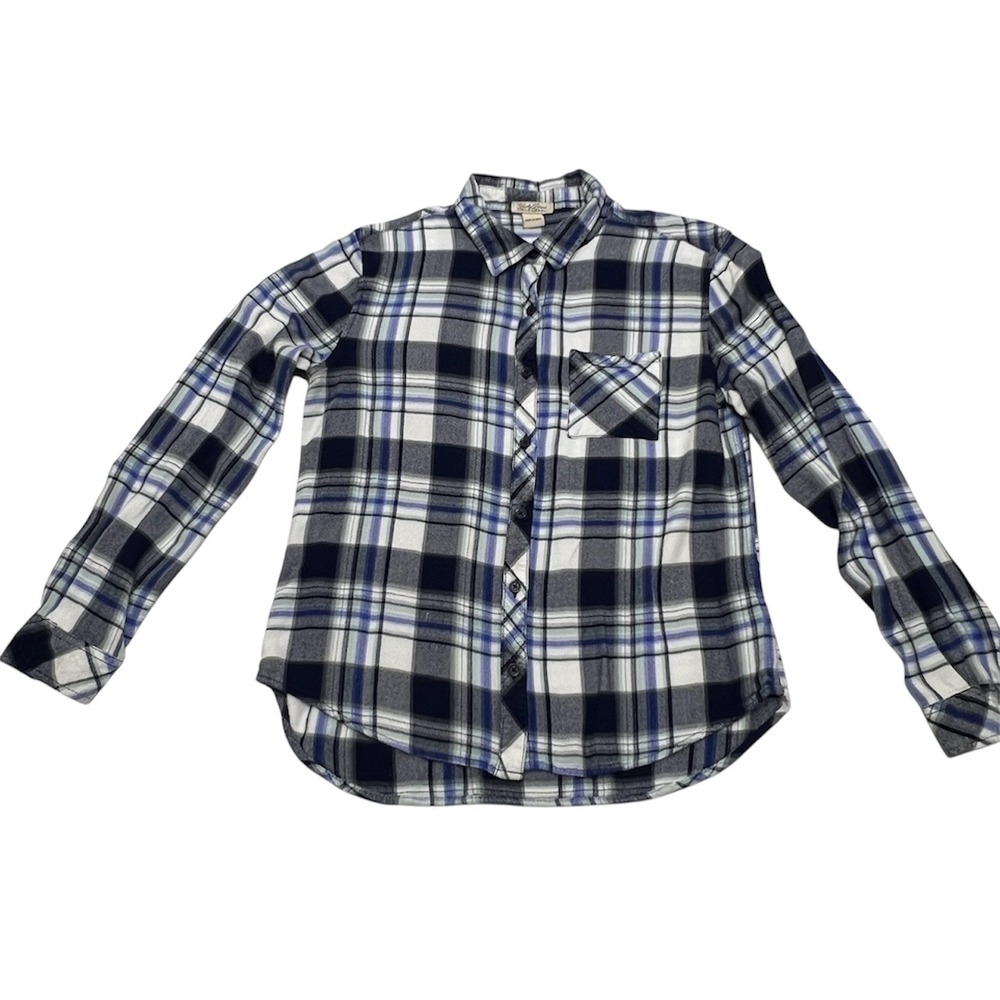 Lucky Brand Womens Large Flannel Plaid Button‎ Up Blue White Cowgirl Rodeo VTG